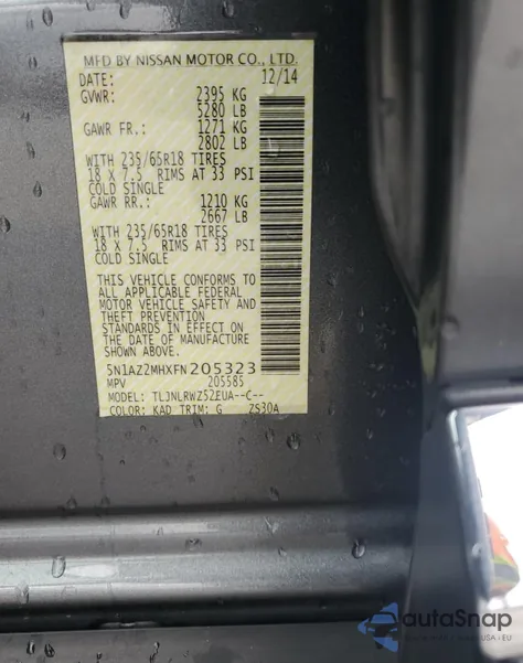 2015 Nissan Murano S из США, поврежденный, VIN 5N1AZ2MHXFN205323